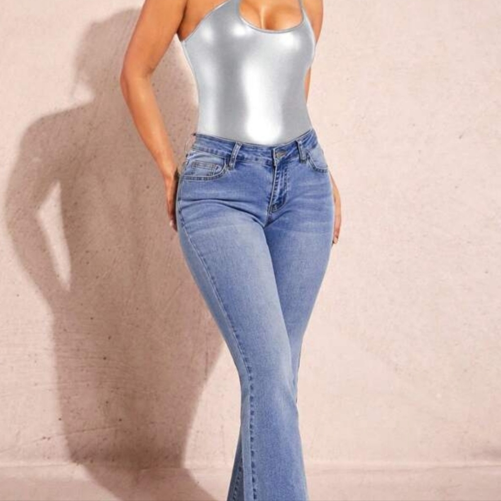Shein one shoulder metallic body suit